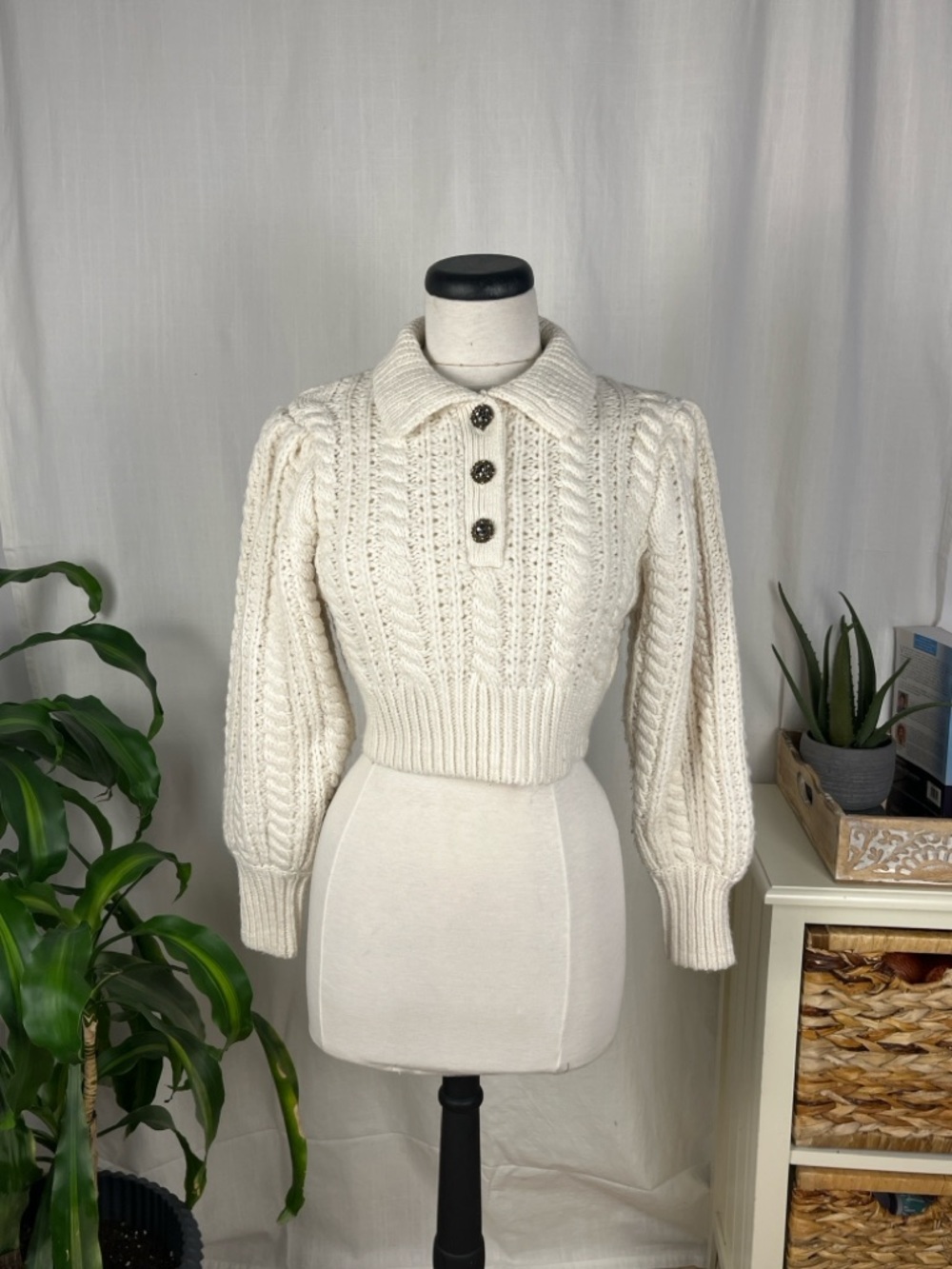 Zara Cream Cropped Cable-Knit Polo Sweater with Button Placket